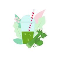 Green smoothie with celery and spinach. Fresh green juice from greens. Flat style vector illustration.