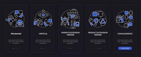 Types of mergers night mode onboarding mobile app screen. Processes walkthrough 5 steps editable graphic instructions with linear concepts. UI, UX, GUI template vector