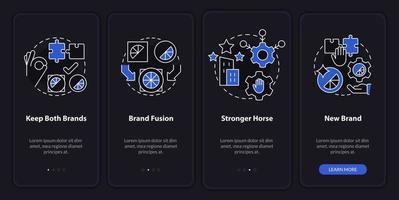 Brand consolidation night mode onboarding mobile app screen. Walkthrough 4 steps editable graphic instructions with linear concepts. UI, UX, GUI template vector