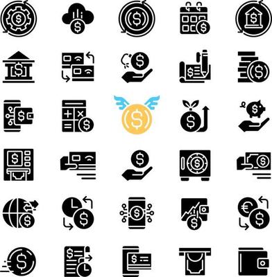 Money black glyph icons set on white space. Personal, business finances. Savings and investment. Paper banknotes. Digital cash. Silhouette symbols. Solid pictogram pack. Vector isolated illustration