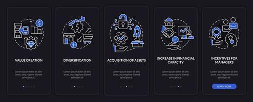 Motives for mergers night mode onboarding mobile app screen. Fusion walkthrough 5 steps editable graphic instructions with linear concepts. UI, UX, GUI template vector