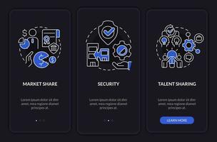 Merger objectives night mode onboarding mobile app screen. Business walkthrough 3 steps editable graphic instructions with linear concepts. UI, UX, GUI template vector