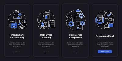 Business merger stages night mode onboarding mobile app screen. Walkthrough 4 steps editable graphic instructions with linear concepts. UI, UX, GUI template vector