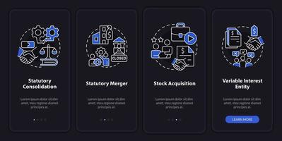 Business consolidation night mode onboarding mobile app screen. Walkthrough 4 steps editable graphic instructions with linear concepts. UI, UX, GUI template vector