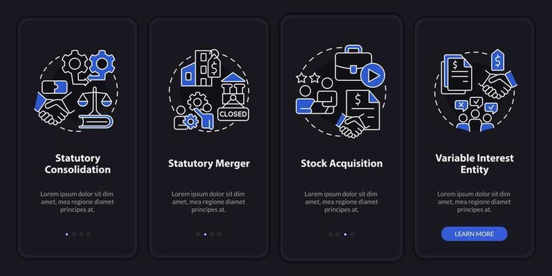Business consolidation night mode onboarding mobile app screen. Walkthrough 4 steps editable graphic instructions with linear concepts. UI, UX, GUI template