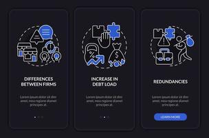 Business consolidation cons night mode onboarding mobile app screen. Walkthrough 3 steps editable graphic instructions with linear concepts. UI, UX, GUI template vector