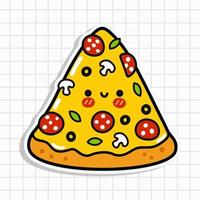 linda pedazo de Pizza pegatina. vector mano dibujado dibujos animados kawaii personaje ilustración icono. aislado en antecedentes. pedazo de Pizza personaje concepto