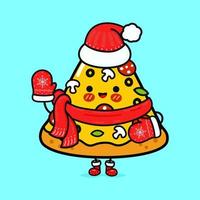 gracioso sonriente contento pedazo de Pizza y Navidad sombrero. vector plano dibujos animados personaje ilustración icono diseño. aislado en azul antecedentes