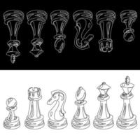 Vector set of black and white chess pieces in contour style. On a black background, a white outline in a mirror image on a white background is a black outline. A complete collection of chess pieces