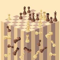 Abstract background with a cubic chessboard. Background for the text. A strategic sports game. Vector illustration. A checkered board made of wood with wooden figures. The pieces play and fall