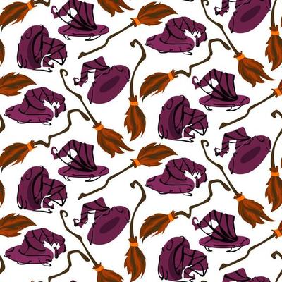 Seamless pattern with purple hat and witch's broom as a concept of mysticism, Gothic, Halloween horror on a white background. Flat vector illustration for printing on fabric, textiles, wrapping paper