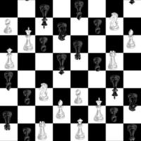 A pattern of black-and-white chess pieces, on a black-and-white chessboard background. Chess moves on a checkered board. Chess cartoon. Texture for printing on textiles and paper. Gift packaging vector