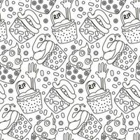 Pattern of linear cupcakes for Halloween. Pastries in the form of muffins with a snake, a mummy, eyes, a magic stove. Cartoon vector. Wrapping paper for Halloween, cover, pattern, fabric. White vector