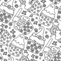 Pattern of linear cupcakes for Halloween. Pastries in the form of muffins with a witch's hat, brains, ghost, spider. Cartoon vector. Wrapping paper for Halloween, cover, pattern, fabric. White vector