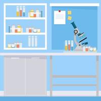 Empty medical office with microscope and shelves and blue background vector