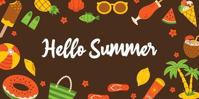 Vector summer banner with brown background. Background with palm tree, ice cream, sunglasses, lemon, cocktail, coconut, watermelon and Hello Summer text. Happy tropical illustration for beach party.