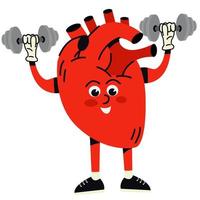 Happy healthy smiling cartoon heart,human organ,  doing exercises with dumbbells weights.Cartoon human organs. vector