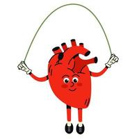 Happy healthy smiling cartoon heart,human organ,  jumping with skipping rope. Cartoon human organs. vector