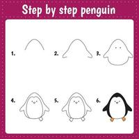 Drawing lesson for children. How draw penguin. Drawing tutorial with funny animal. Step by step repeats the picture. Kids activity art page for book. Vector illustration.