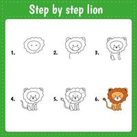 Drawing lesson for children. How draw lion. Drawing tutorial with funny animal. Step by step repeats the picture. Kids activity art page for book. Vector illustration.