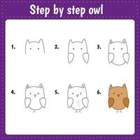 Drawing lesson for children. How draw owl. Drawing tutorial with funny animal. Step by step repeats the picture. Kids activity art page for book. Vector illustration.