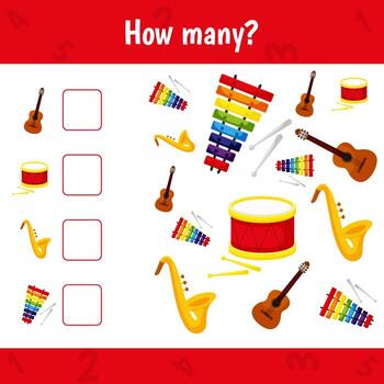 How many instruments are there. Count the number of instruments. Math worksheet for kids. vector