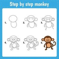 Drawing lesson for children. How draw monkey. Drawing tutorial with funny animal. Step by step repeats the picture. Kids activity art page for book. Vector illustration.