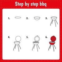 Drawing lesson for children. How draw a bbq. Drawing tutorial. Step by step repeats the picture. Kids activity art page for book. Vector illustration.