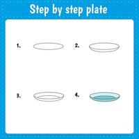 Drawing lesson for children. How draw a plate. Drawing tutorial. Step by step repeats the picture. Kids activity art page for book. Vector illustration.