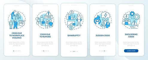 Types of risks blue onboarding mobile app screen. Business issues walkthrough 5 steps editable graphic instructions with linear concepts. UI, UX, GUI template vector