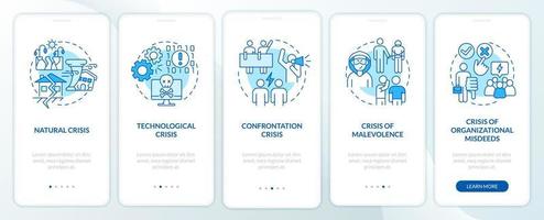 Types of crisis blue onboarding mobile app screen. Business risks walkthrough 5 steps editable graphic instructions with linear concepts. UI, UX, GUI template vector