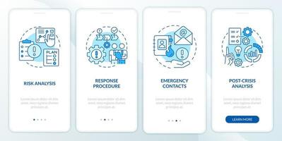 Crisis management plan blue onboarding mobile app screen. Walkthrough 4 steps editable graphic instructions with linear concepts. UI, UX, GUI template vector