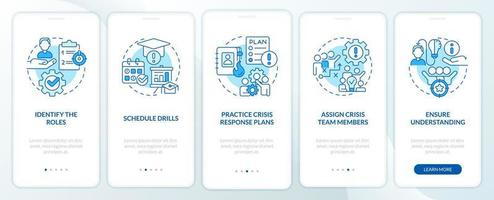 Crisis management team blue onboarding mobile app screen. Walkthrough 5 steps editable graphic instructions with linear concepts. UI, UX, GUI template vector