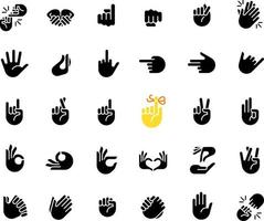 Hand gestures black glyph icons set on white space. Body language. Communication signals. Non verbal message. Silhouette symbols. Solid pictogram pack. Vector isolated illustration