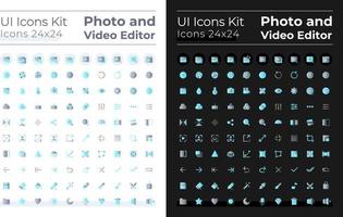 Photo and video editor flat gradient color ui icons set for dark, light mode. Media files editing. Vector isolated RGB pictograms. GUI, UX design for web, mobile