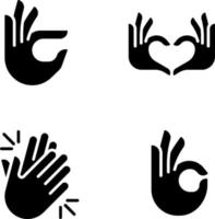 Body language signals black glyph icons set on white space. Hands gestures and emotion expression. Communication. Silhouette symbols. Solid pictogram pack. Vector isolated illustration