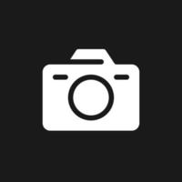 Camera dark mode glyph ui icon. Digital. Simple filled line element. User interface design. White silhouette symbol on black space. Solid pictogram for web, mobile. Vector isolated illustration