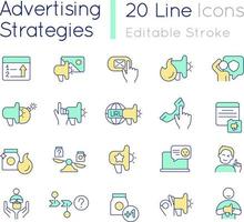 Advertising strategies RGB color icons set. Increase brand growth. Product promotion. Isolated vector illustrations. Simple filled line drawings collection. Editable stroke