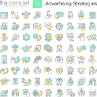 Advertising strategies and techniques RGB color icons set. Social media promotion. Isolated vector illustrations. Simple filled line drawings collection. Editable stroke