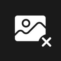 Delete photo dark mode glyph ui icon. Cancel. Simple filled line element. User interface design. White silhouette symbol on black space. Solid pictogram for web, mobile. Vector isolated illustration