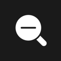 Magnifier and minus dark mode glyph ui icon. Simple filled line element. User interface design. White silhouette symbol on black space. Solid pictogram for web, mobile. Vector isolated illustration