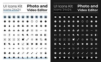 Photo and video editor white glyph ui icons set for for dark, light mode. Silhouette symbols for night, day themes. Solid pictograms. Vector isolated illustrations