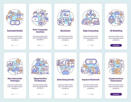 Metaverse technology for business onboarding mobile app screens set. Walkthrough 5 steps editable graphic instructions with linear concepts. UI, UX, GUI template
