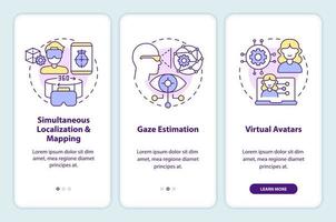 Synthetic data solutions for metaverse onboarding mobile app screen. Walkthrough 3 steps editable graphic instructions with linear concepts. UI, UX, GUI template vector