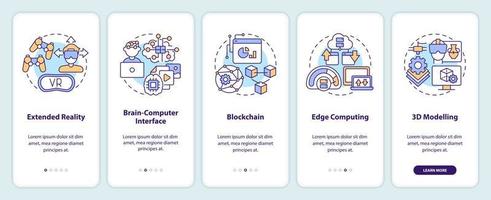 Metaverse technologies onboarding mobile app screen. Innovation walkthrough 5 steps editable graphic instructions with linear concepts. UI, UX, GUI template vector