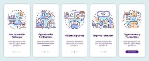 Metaverse importance for business onboarding mobile app screen. Walkthrough 5 steps editable graphic instructions with linear concepts. UI, UX, GUI template vector