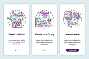 Layers of metaverse onboarding mobile app screen. Cyberspace walkthrough 3 steps editable graphic instructions with linear concepts. UI, UX, GUI template vector