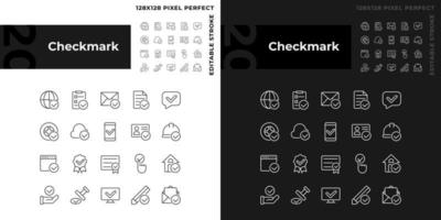 Checkmark pixel perfect linear icons set for dark, light mode. Information validation signs. Marks for correct data. Thin line symbols for night, day theme. Isolated illustrations. Editable stroke vector