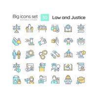 Law and justice RGB color icons set. Human rights protection. Federal regulations and rules. Judgement. Isolated vector illustrations. Simple filled line drawings collection. Editable stroke