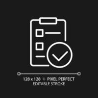 Checklist with checkmarks pixel perfect white linear icon for dark theme. Marking task completion. Work controlling document. Thin line illustration. Isolated symbol for night mode. Editable stroke vector
